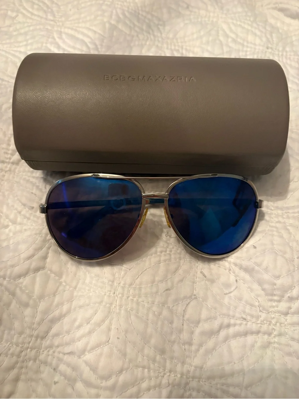 BCBG MaxAzria Aviator Sunglasses with Blue Mirrored Lenses and Hard Case